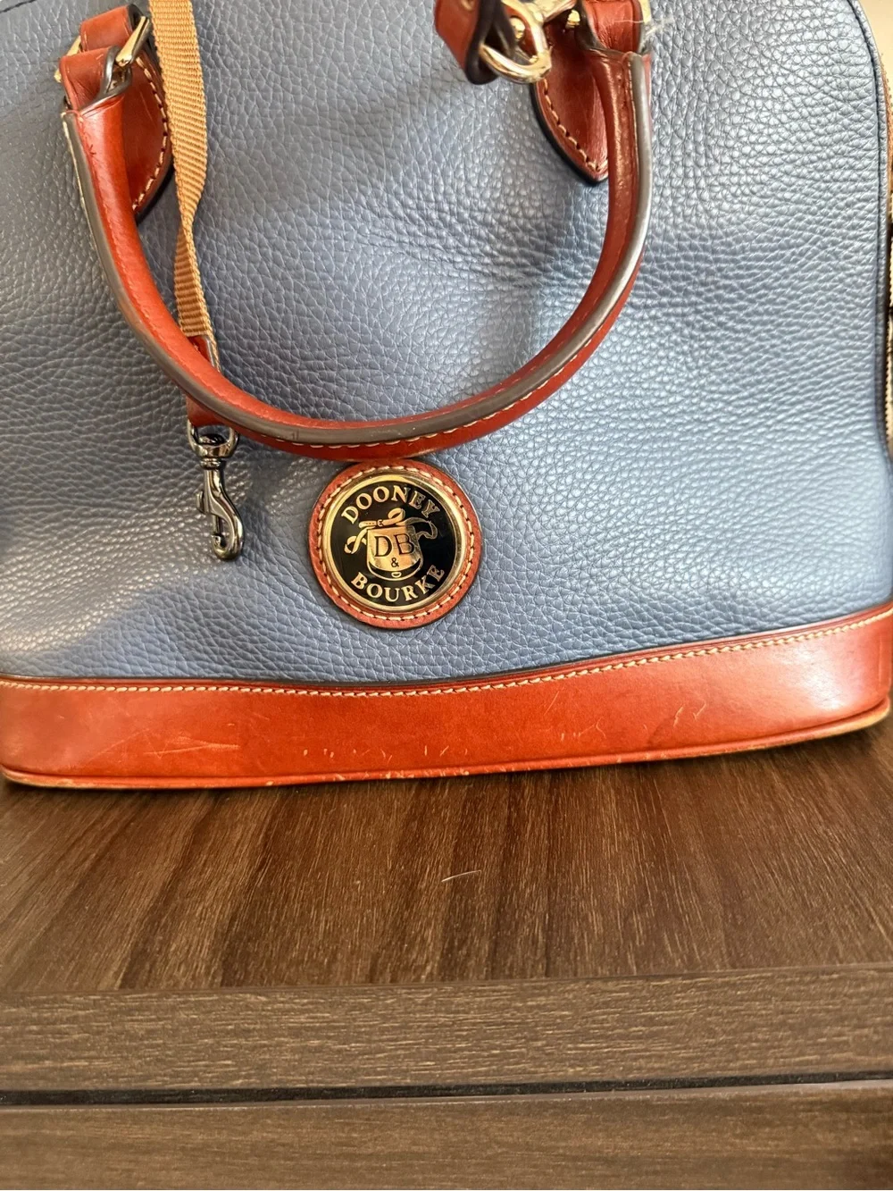 Dooney & Bourke Blue Pebbled Leather Satchel with Brown Trim